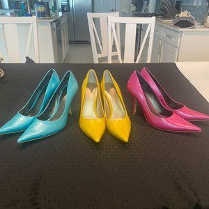 Set of 3 Nine West leather heels - Aqua Blue, Fuscia Pink and Mustard Yellow